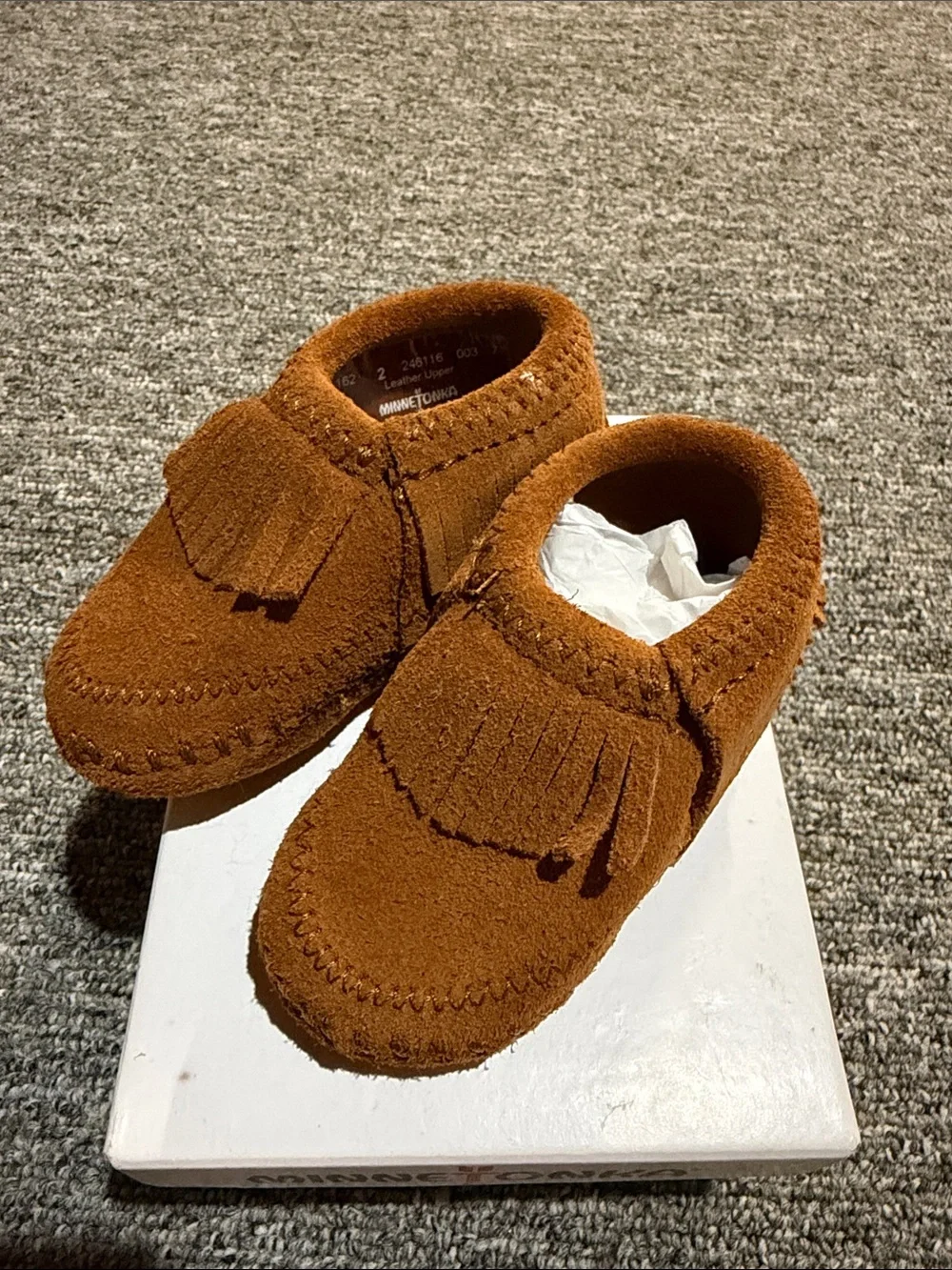Minnetonka Kids Suede Fringe Moccasins in Brown